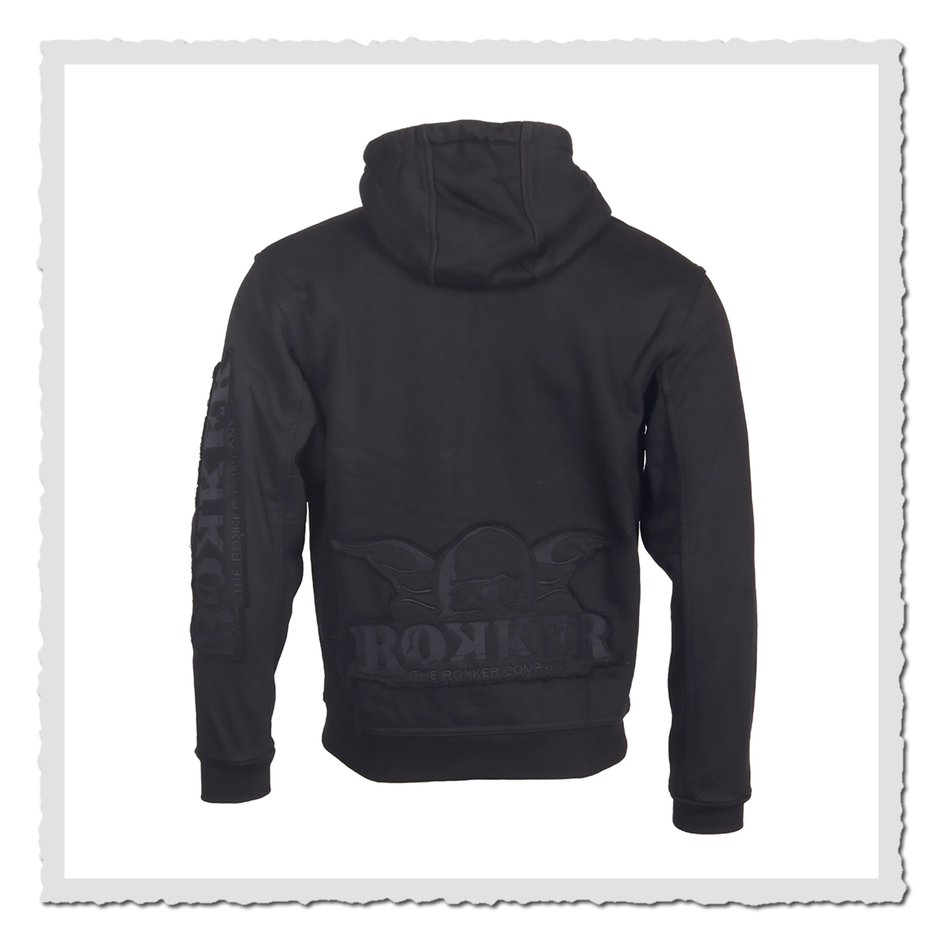 Produktfoto eines schwarzen Hoodies von hinten, freigestellt vor hellem Hintergrund.